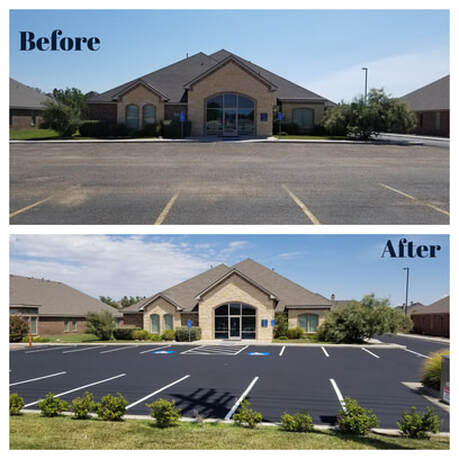 before and after of asphalt parking lot repair job at a commercial property in naples